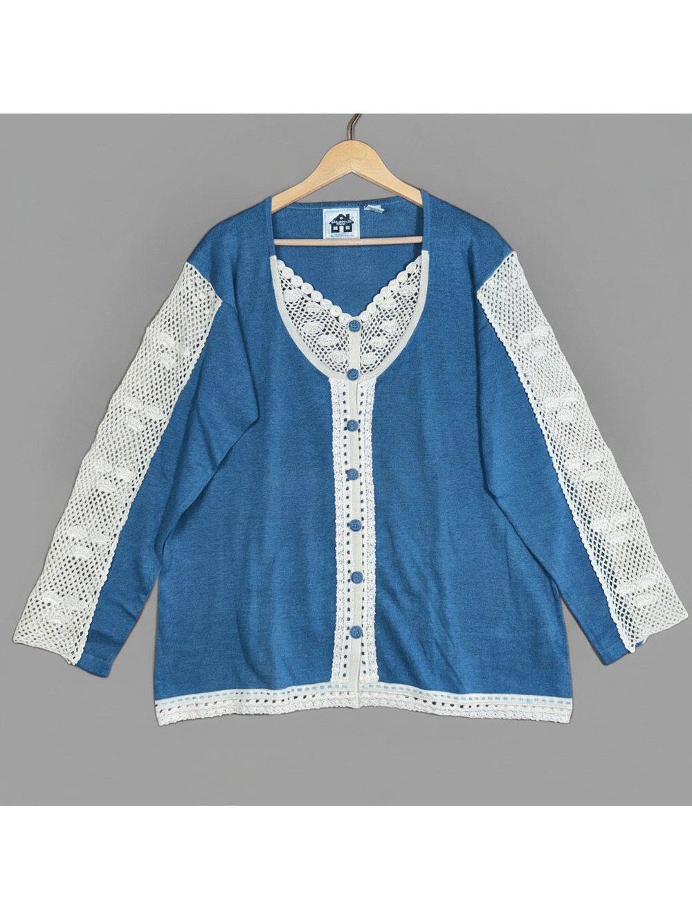 Vintage Storybook Knits Blue Cardigan Sweater Large Crochet Lace Cottagecore